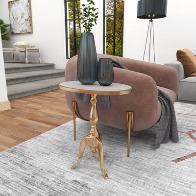 Elegant Round Gray Stone Top End Table with Gold Metal Base