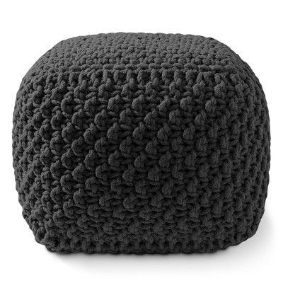 Black Hand-Knitted Cotton Square Pouf Ottoman