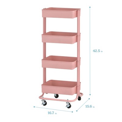 Blush Pink 4-Tier Metal Rolling Utility Cart