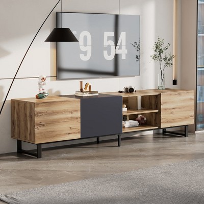 Chic Crate - 80" Modular Media Console w/ 3 Cabinets & Open Shelves - Drop-Door TV Stand for Living Room/Home Theatre - Two-Tone Oak