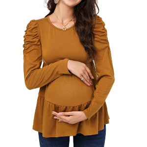 Round neck long sleeved pleated layered maternity top, non vacuum 96 # brown yellow BrownYellow_2XL - 1 of 1