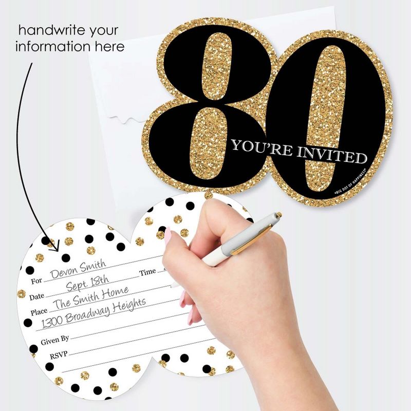 Big Dot of Happiness Adult 80th Birthday - Gold - Shaped Fill-In Invitations - Birthday Party Invitation Cards with Envelopes - Set of 12, 2 of 8