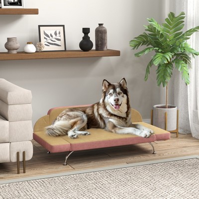 Pink and Beige Foam Elevated Dog Sofa Bed with Adjustable Armrests