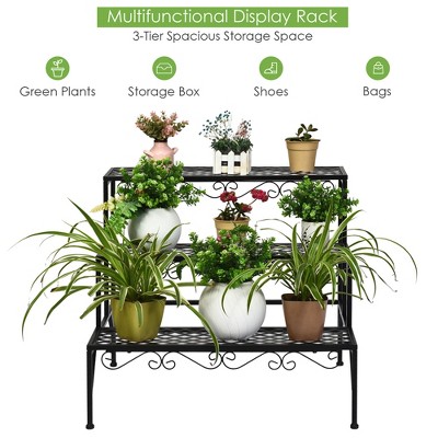 Black Steel 3-Tier Ladder Plant Stand with Decorative Patterns