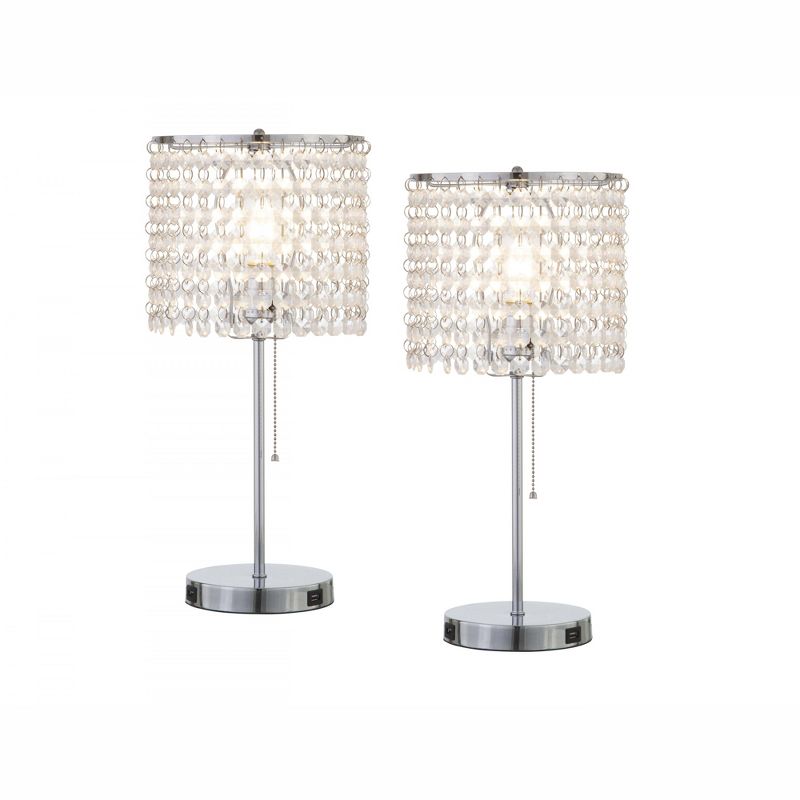 FC Design Set of 2 Modern 19"H Sparkling Acrylic Faux Crystal Beads Table Lamp With USB Charging Ports, 1 of 11