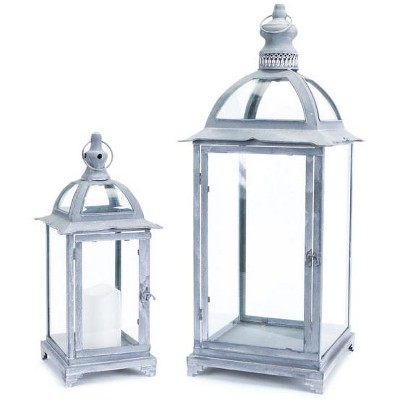 Melrose Set of 2 Pagoda Crest Weathered Iron and Glass Pillar Candle Holder Lanterns 26"