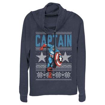 Juniors Womens Marvel Ugly Christmas Captain America Star Cowl Neck Sweatshirt