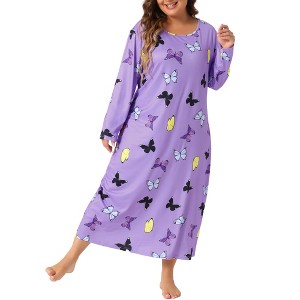 Agnes Orinda Women's Plus Size Crew Neck Long Sleeve Casual Maxi Nightgown - 1 of 4