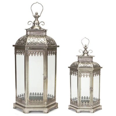 Melrose Set of 2 Antique Style Silver Decorative Glass Pillar Candle Lanterns 34"