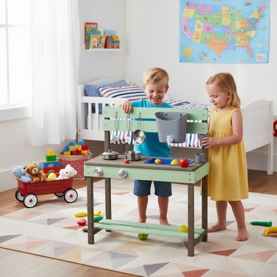 TopComfy Wooden Outdoor Mud Kitchen Playset with Water Play Cooking Toys and Storage for Kids 3+ Years Imaginative Play, Green, 33.86"*13.19"*5.12"