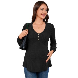 Coolmee Womens Maternity Tops Long Sleeve Pregnancy Tunic Blouses Button V Neck Ribbed Shirts Pregnant Clothes - 1 of 4