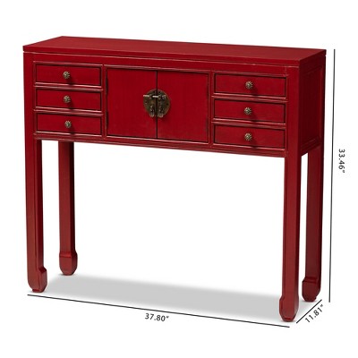 Antique Red Bayur Wood Console Table with Bronze Accents and Storage
