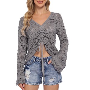 Womens Boho Sheer Crop Tops Drawstring Knitted,Off Shoulder Sheer Crop Tops - 1 of 4