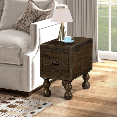 ORRD Solid Wood Narrow End Table with Drawer, 23.6" Vintage Nightstand for Bedroom & Living Room, Espresso