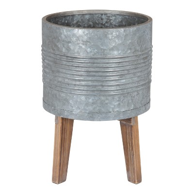 Gavri Galvanized Metal Planter with Rustic Wood Stand