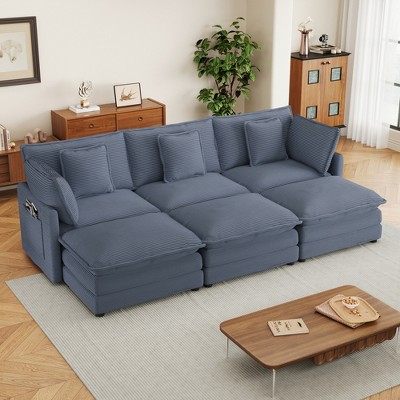 112.6" Modern Corduroy Sectional Sofa with 3 Ottomans & Storage Pockets - Modular U-Shaped Couch for Living Room