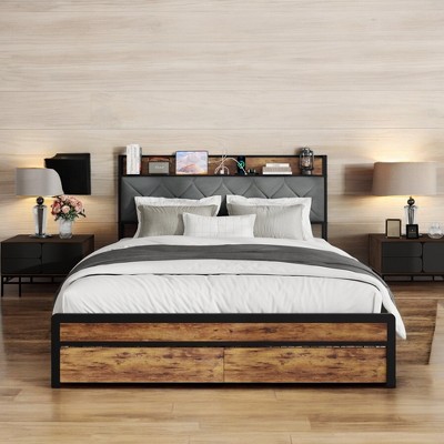 Metal Platform Bed Frame with Velvet Headboard, 2 Storage Drawers, LED Lights, USB Outlet & Charging Port - No Box Spring Needed