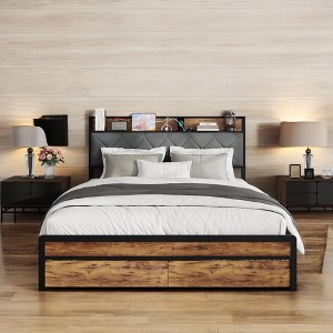Metal Platform Bed Frame with Velvet Headboard, 2 Storage Drawers, LED Lights, USB Outlet & Charging Port - No Box Spring Needed - 1 of 4