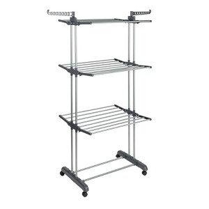 Household Essentials 4 Tier Stainless Steel Laundry Drying Rack with Two Side Wings, Grey - 1 of 4