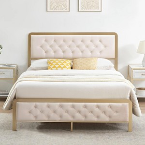 Homhougo Full Size Bed Frame, Upholstered Bed Frame with Button Tufted Headboard, Heavy Duty Metal Easy Assembly, No Box Spring Needed, Grey - 1 of 4