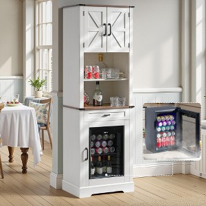 AMERLIFE 69" Bar Cabinet with Built-in Fridge – Farmhouse Wine Cabinet with Storage, Adjustable Shelves – Coffee Bar Cabinet for Home Bar, Brown - 1 of 4