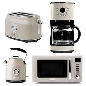 Haden Retro Style Stainless Steel Dorset Toaster, Electric Kettle, 12 Cup Coffee Maker, and 0.7 Cubic Foot Microwave Appliance Set, Putty Beige