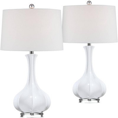 Possini Euro Design Coastal Table Lamps Set of 2 Fluted Ceramic Gourd White Drum Shade for Living Room Family Bedroom Bedside