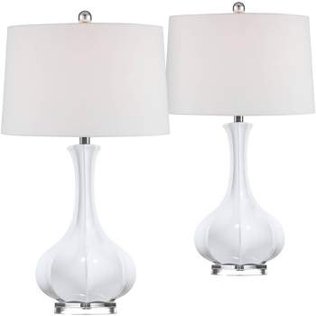 Possini Euro Design Coastal Table Lamps 27.75" Tall Set of 2 Fluted Ceramic Gourd White Drum Shade for Living Room Family Bedroom Bedside