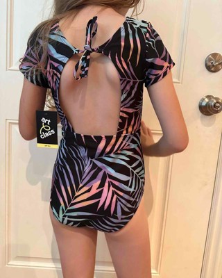 Girls' Leopard Print Knotted One Piece Swimsuit - art class™ Black M Plus