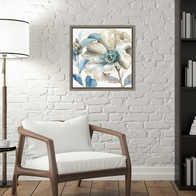 Indigo and Gold Floral Watercolor Canvas Print with Gray Frame
