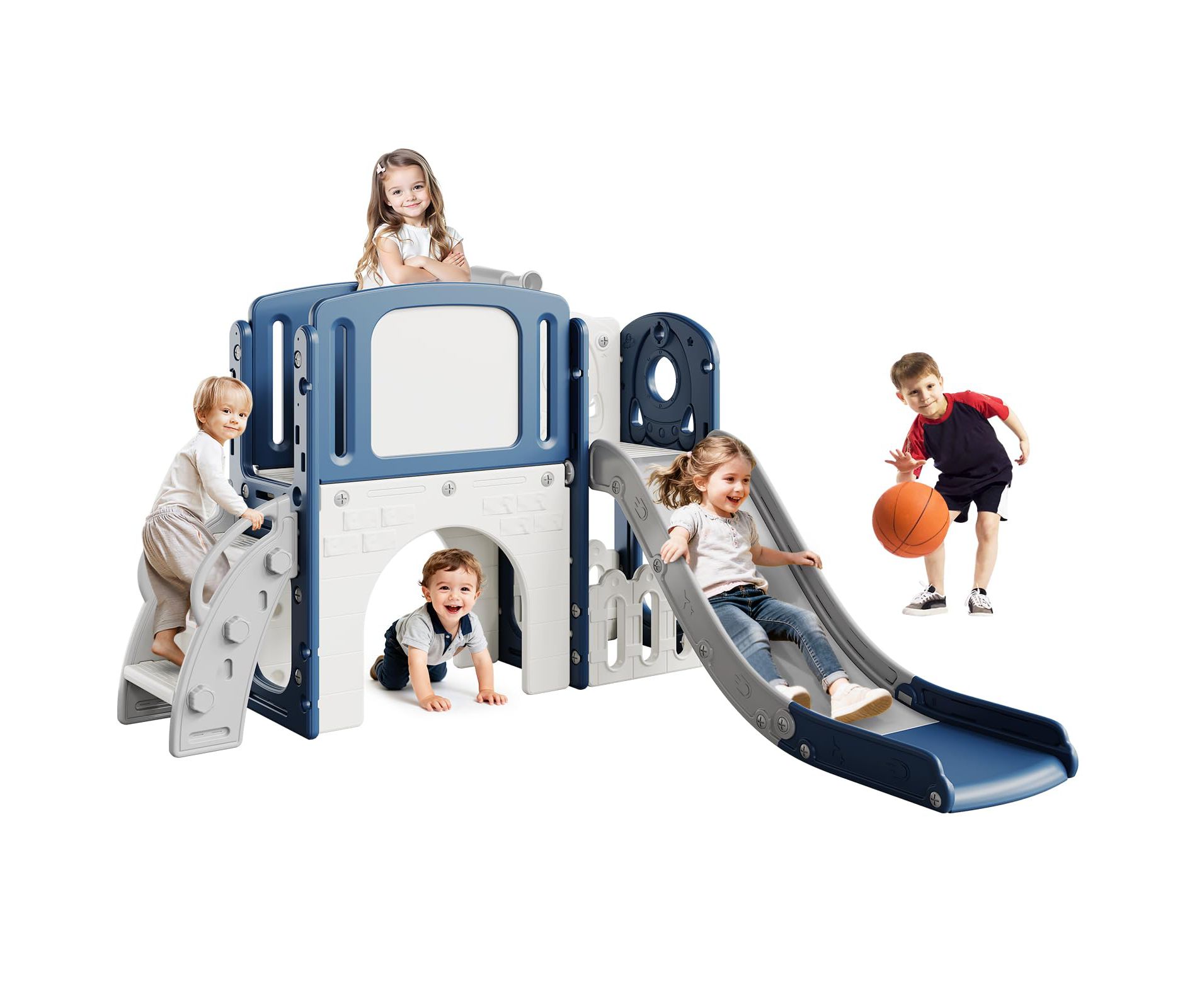 8-in-1 Toddler Slide Indoor/Outdoor Playground, Kids Climber Playset with Basketball Hoop, Telescope, Board & Storage, Ages 1-3