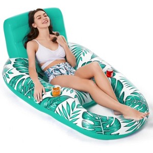 Jasonwell Inflatable Pool Float for Adults — Lounger Raft with Cup Holders, Floating Chair for Pool, Lake & Beach - Tropical Green - 1 of 4