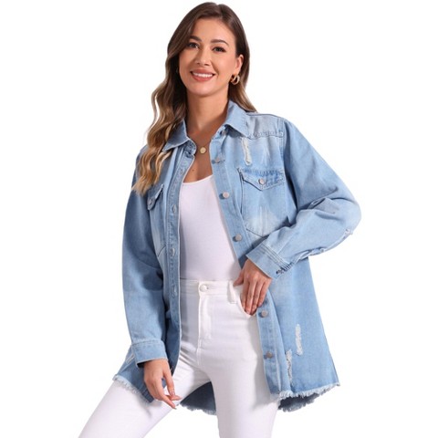 INSPIRE CHIC Women's Distressed Frayed Hem Button Down Jean Jackets Light Blue X-Small