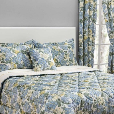 Blue Floral Cotton Rod Pocket Light-Filtering Window Curtains 68" x 54"