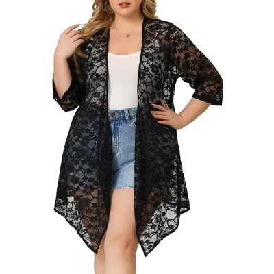 Agnes Orinda Women's Plus Size Draped Shawls Lightweight Open Front Lace  Cardigans Black 1X