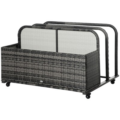 Outsunny Patio Wicker Pool Float Storage Basket, Outdoor PE Rattan Pool Caddy with Rolling Wheels for Floats, Noodles, Paddles, Towels