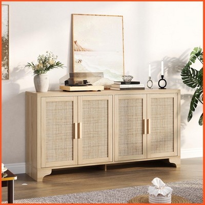 Homhougo 62 Inch Rattan Sideboard Buffet Cabinet, 4-Door Kitchen Storage Cabinet with Shelves Oak