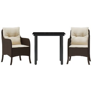 vidaXL 3-Piece Patio Dining Set with Cushions - Brown PE Rattan, Cream White Cushions, Tempered Glass Tabletop, Outdoor Garden Furniture - 1 of 4