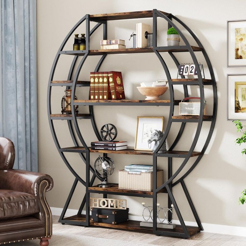 Tribesigns 6-tier Bookshelf, 69" Oval Triple Wide Bookcase, Industrial Open Display Rack Plant Stand for Living Room, Bedroom, Home Office, 2 of 10