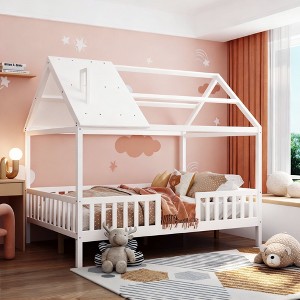 Luxystar Twin Size Wood House Bed with Fence for for Kids' Rooms - 1 of 4