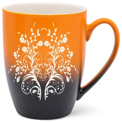 Elanze Designs Damask Floral Mirror Two Toned Ombre Matte Orange and Black 12 ounce Ceramic Stoneware Coffee Cup Mug