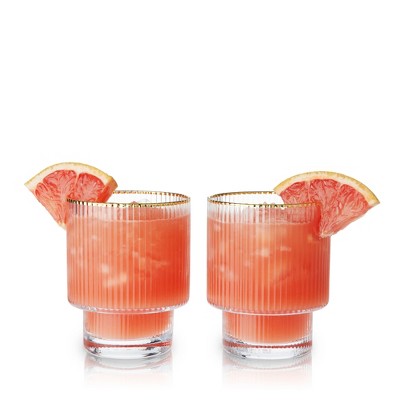 Gold Rimmed Rippled Crystal Lowball Tumblers Set of 2