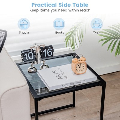 Black Tempered Glass and Metal Square Side Table