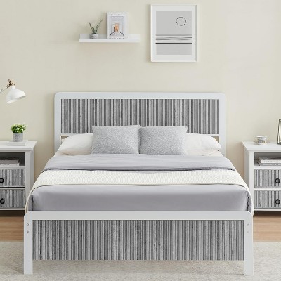 Queen Size Platform Bed Frame with Wave Wood Headboard, Safe Rounded Corners, Strong Metal Slats, No Box Spring Needed