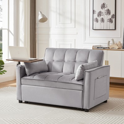 TIRAMISUBEST Velvet Loveseat Sleeper Sofa Bed with Side Table, Grey