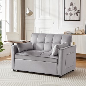 TIRAMISUBEST Velvet Loveseat Sleeper Sofa Bed with Side Table, Grey - 1 of 4