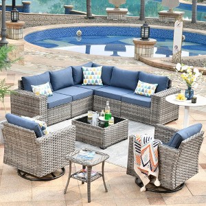 Marlton 9pc Wicker Outdoor Patio Furniture Set Conversation Sofa Sectional with Swivel Chairs and Cushions - 1 of 4