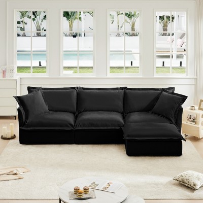 Slipcovered Sectional Sofa, 3 Seater Sofa with Removable Cover, Sofa Couch with Ottoman, Chenille Fabric Sectional Sofas-Cuddlewood