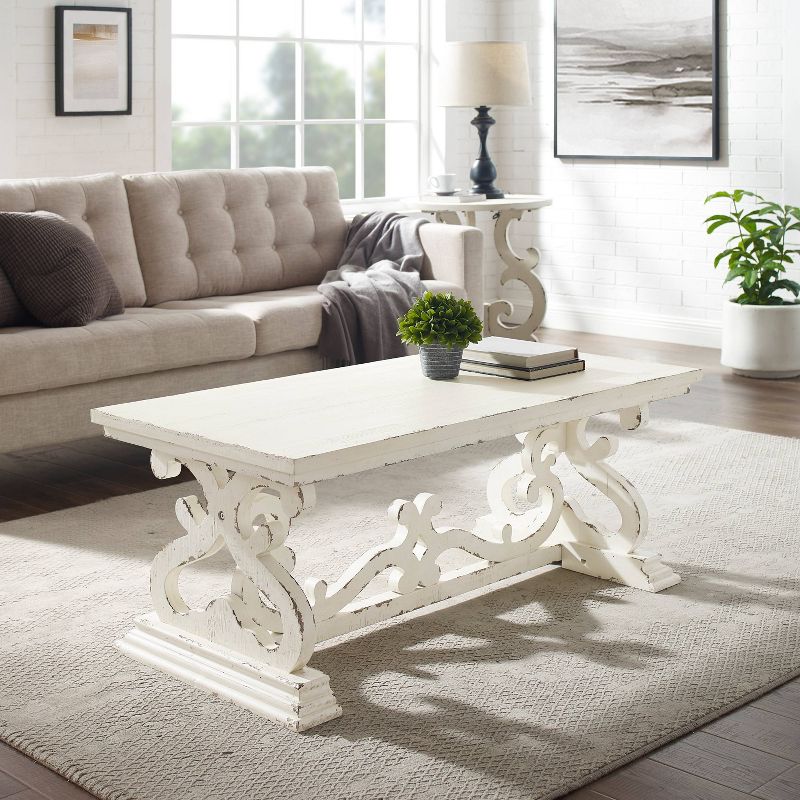 Christos Transitional Coffee Table Decorative Scrollwork Double Pedestal Distressed White - Powell, 6 of 9