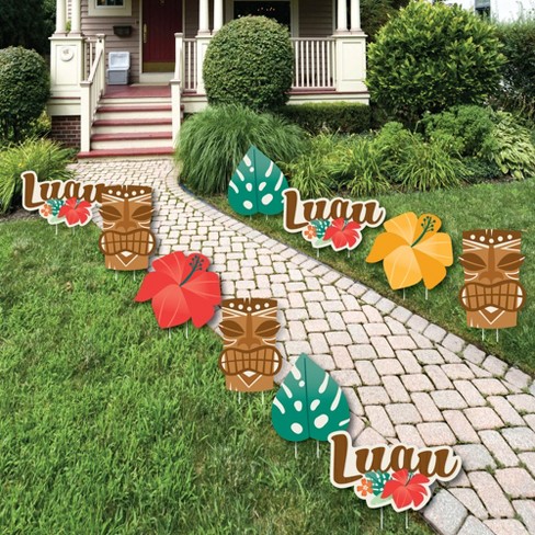 Big Dot of Happiness Tropical Luau - Tiki, Flower, and Leaf Lawn  Decorations - Outdoor Hawaiian Beach Party Yard Decorations - 10 Piece